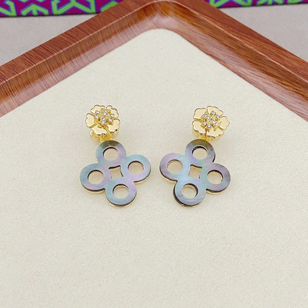 Tory Burch Gold Plated Earrings Rhinestone Shell Clover Design